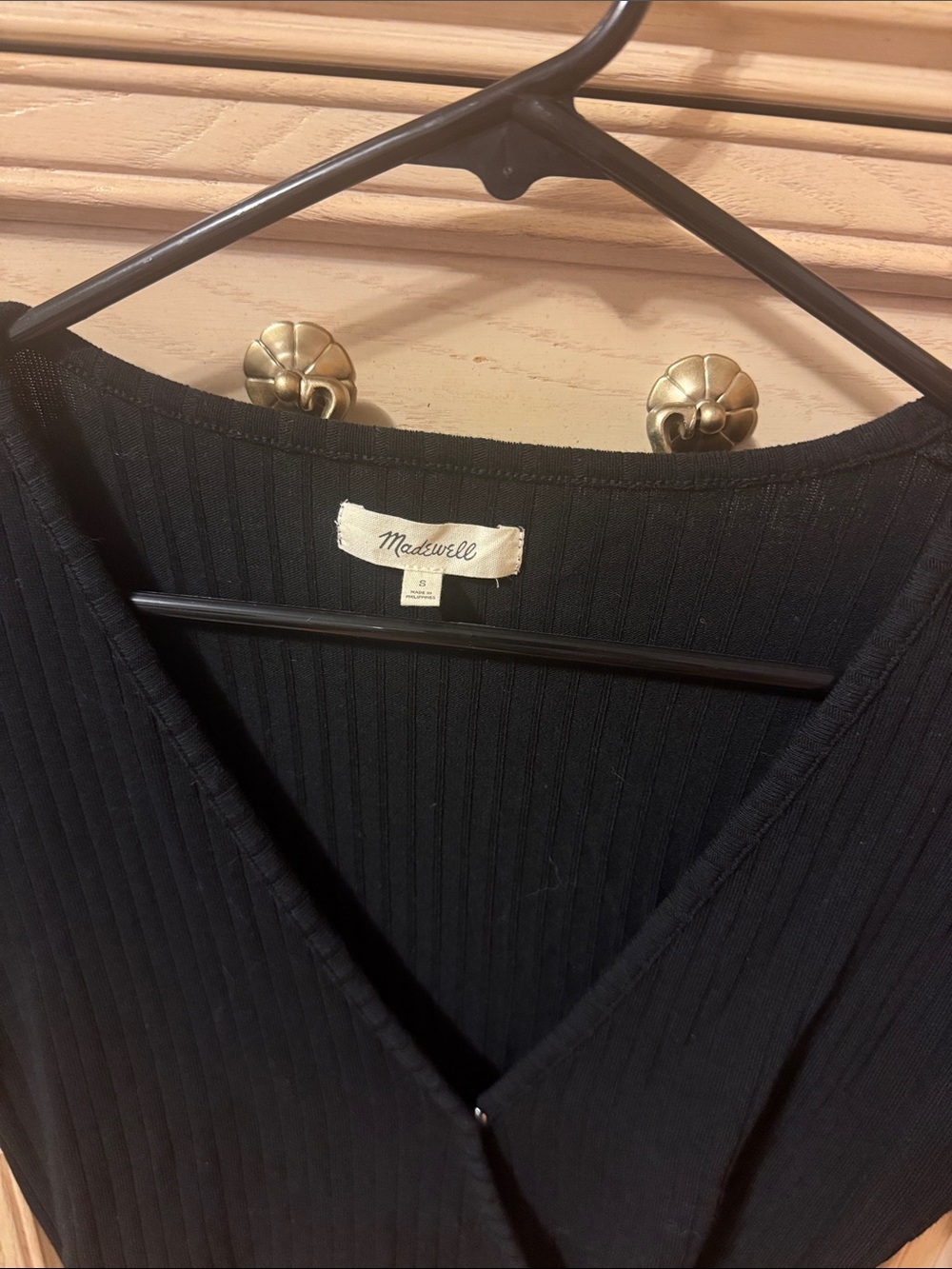 Madewell Black Ribbed Wrap Short-Sleeve Top with Side Tie - Picture 3 of 5
